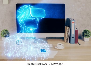 Computer on desktop with AR theme icon. Multi exposure. Concept of augmented reality.
