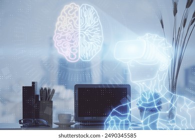 Computer on desktop with AR theme icon. Multi exposure. Concept of augmented reality.