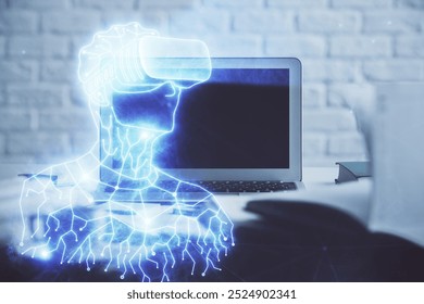 Computer on desktop with AR theme icon. Multi exposure. Concept of augmented reality. - Powered by Shutterstock - Get 15% off with code: PIKWIZARD15