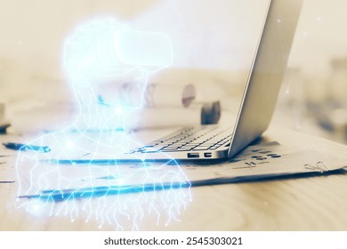 Computer on desktop with AR theme icon. Multi exposure. Concept of augmented reality.