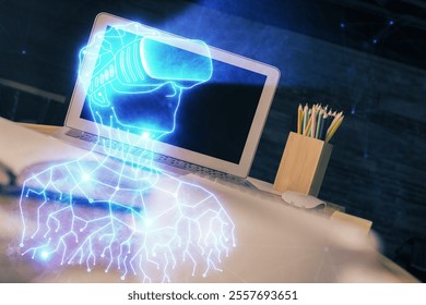 Computer on desktop with AR theme icon. Multi exposure. Concept of augmented reality.