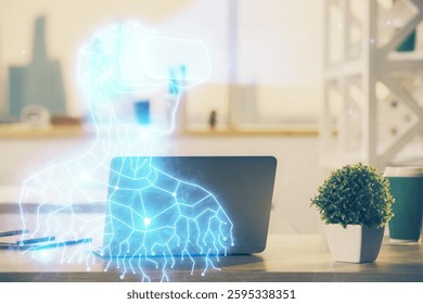Computer on desktop with AR theme icon. Multi exposure. Concept of augmented reality.