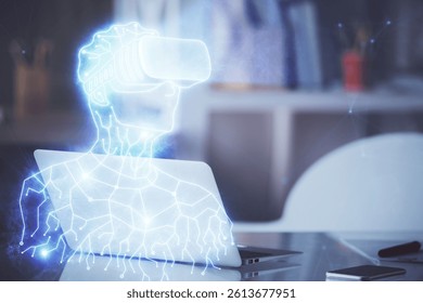 Computer on desktop with AR theme icon. Multi exposure. Concept of augmented reality.