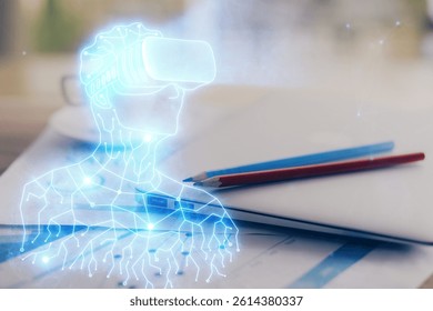 Computer on desktop with AR theme icon. Multi exposure. Concept of augmented reality.