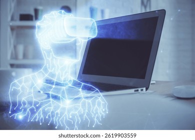 Computer on desktop with AR theme icon. Multi exposure. Concept of augmented reality.