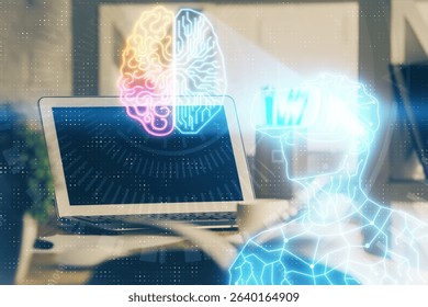 Computer on desktop with AR theme icon. Multi exposure. Concept of augmented reality.