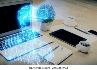 Computer on desktop with AR theme icon. Multi exposure. Concept of augmented reality.