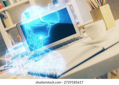 Computer on desktop with AR theme icon. Multi exposure. Concept of augmented reality.