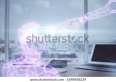 Computer on desktop with AR theme icon. Multi exposure. Concept of augmented reality.