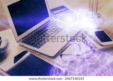 Computer on desktop with AR theme icon. Multi exposure. Concept of augmented reality.