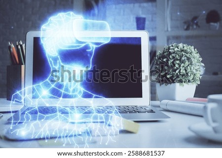 Computer on desktop with AR theme icon. Multi exposure. Concept of augmented reality.