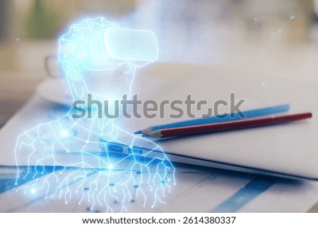 Computer on desktop with AR theme icon. Multi exposure. Concept of augmented reality.