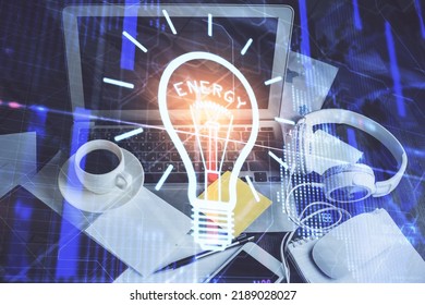Computer on desktop in office with bulb icon hologram. Double exposure. Concept of idea. - Shutterstock ID 2189028027