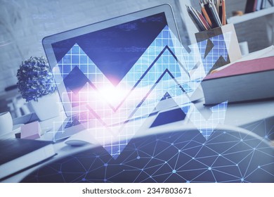 Computer on desktop with point up arrows hologram. Double exposure. Concept of success.
