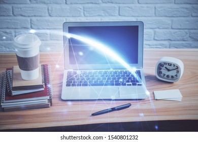 Computer on desktop with social network theme icon. Multi exposure. Concept of international connections.