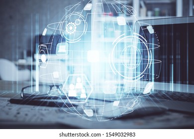 Computer on desktop with social network theme icon. Multi exposure. Concept of international connections. - Shutterstock ID 1549032983