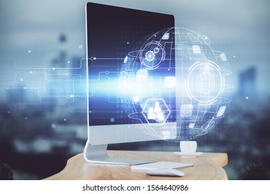 Computer on desktop with social network theme icon. Multi exposure. Concept of international connections. - Shutterstock ID 1564640986