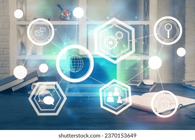Computer on desktop with social network theme icon. Multi exposure. Concept of international connections.