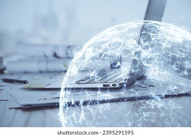 Computer on desktop with social network hologram. Double exposure. Concept of international people connections. - Shutterstock ID 2395291595