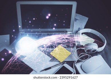 Computer on desktop with social network hologram. Double exposure. Concept of international people connections. - Shutterstock ID 2395291627