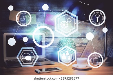Computer on desktop with social network hologram. Double exposure. Concept of international people connections. - Shutterstock ID 2395291677