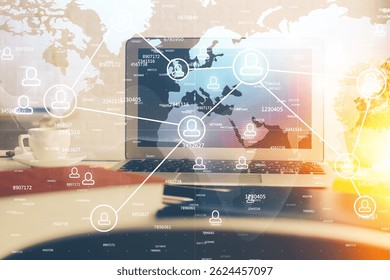 Computer on desktop with social network hologram. Multi exposure. Concept of international people connections.