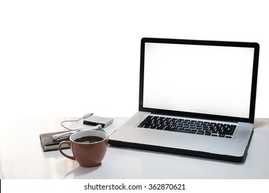 The Computer Is On The Work Table Isolated White Background.