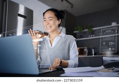 Computer overlay, futuristic data and ai hologram with a asian woman working with 3d design. Digital, future and laptop infographic of a virtual reality designer employee doing a graphic analysis - Powered by Shutterstock