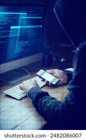 Computer, overlay and hacker at night with phone for programming, coding and information technology. Cybersecurity, software and person download malware for financial data, online fraud and phishing