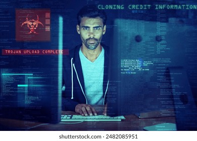 Computer, overlay and man at night for virus upload, coding and information technology. Cybersecurity, software and person with password access to financial data, online banking fraud and malware