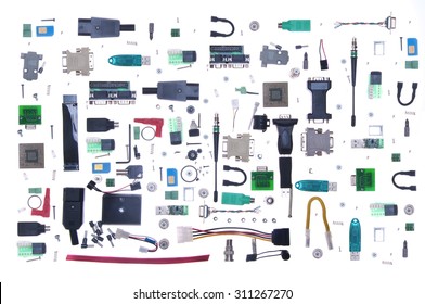 Computer Pattern Chip, Board, Card, Port, Screw, Bolt, Cable, Plug, Screwdriver, SIM Card Isolated White Electronic Parts