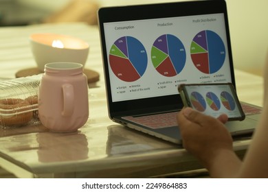 a computer with pie chart on it with hand holding a mobile phone as frame. working from home. coffee and doughnut.