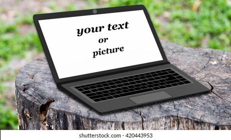 The computer is placed on the timber (Green concept or  save the earth)