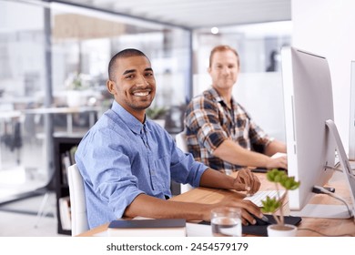 Computer, portrait and businessmen in office at desk for support, creativity and project collaboration. Graphic design, diversity and happy employees for teamwork, synergy or confidence in workplace - Powered by Shutterstock