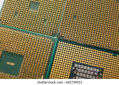 Computer processor chip close-up. New CPU, technology repair shop, device upgrade, electronic development concept