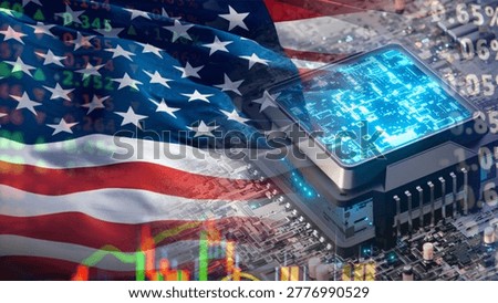 A computer processor chip stands overlaid on the U.S. flag and financial figures. It illustrates the critical dependency of national infrastructure and finance on semiconductor technology. This imagery also signals potential dangers, highlighting risks such as supply chain disruptions, hardware vulnerabilities, and the strategic threat of technological sabotage to national stability.