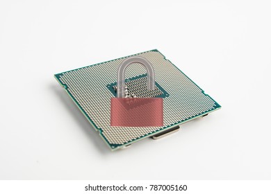 Computer Processor Chip With Unlocked Padlock On White Background. CPU With Exploit Vulnarable To Attack  Concept.