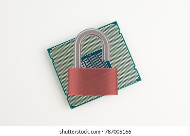 Computer Processor Chip With Unlocked Padlock On White Background. CPU With Exploit Vulnarable To Attack  Concept.