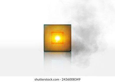 Computer processor chipset CPU overheats and burns with smoke around. CPU processor isolated on white background.