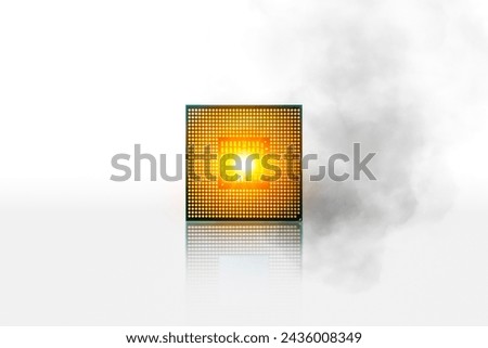 Computer processor chipset CPU overheats and burns with smoke around. CPU processor isolated on white background.