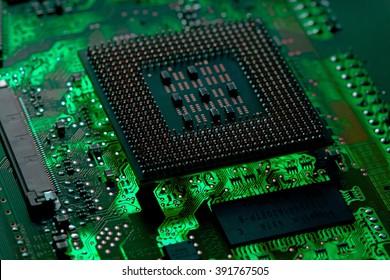 Computer processor Close-up on green surface of mother board