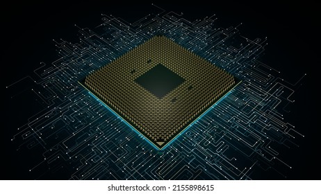 A computer processor with millions of connections and signals. Technology cpu background. Pulses and signals from the chip propagate through the motherboard. 3d animation.
