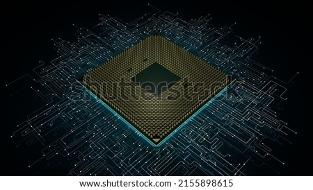 A computer processor with millions of connections and signals. Technology cpu background. Pulses and signals from the chip propagate through the motherboard. 3d animation.