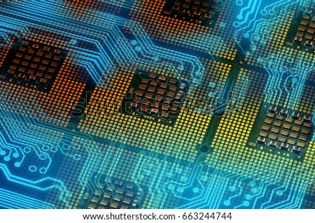 computer processors and blue electronic circuit with lighting effects postproduction, background.