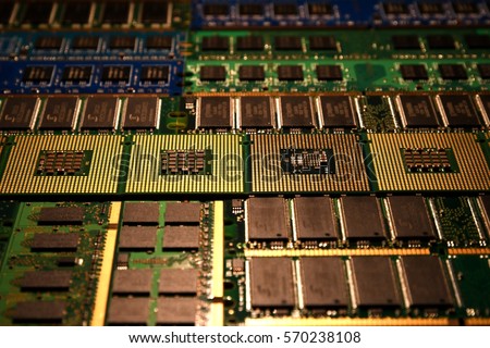 computer processors (CPU) and memory modules (RAM) aligned, background.