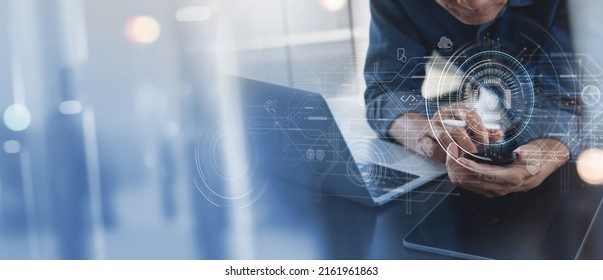 Computer programmer analyzing software coding and development, information on virtual interface, software engineering, data scientist. Deep learning of artificial intelligence, Internet technology