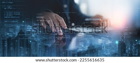 Computer programmer coding on modern computer with AI Artificial Intelligence. Data science, software development, cloud computing, digital technology, big data management, data exchange concept