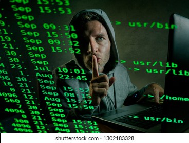 computer programmer man in hoodie hacking system entering code typing on laptop hacking and decoding system data illegal access breaking password on cyber attack and security breach