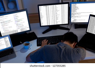 Computer programmer sleeping in the office at night - Powered by Shutterstock