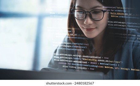 Computer programmer, software engineer typing, coding javascript on laptop computer, software development concept. Website design and coding technology - Powered by Shutterstock